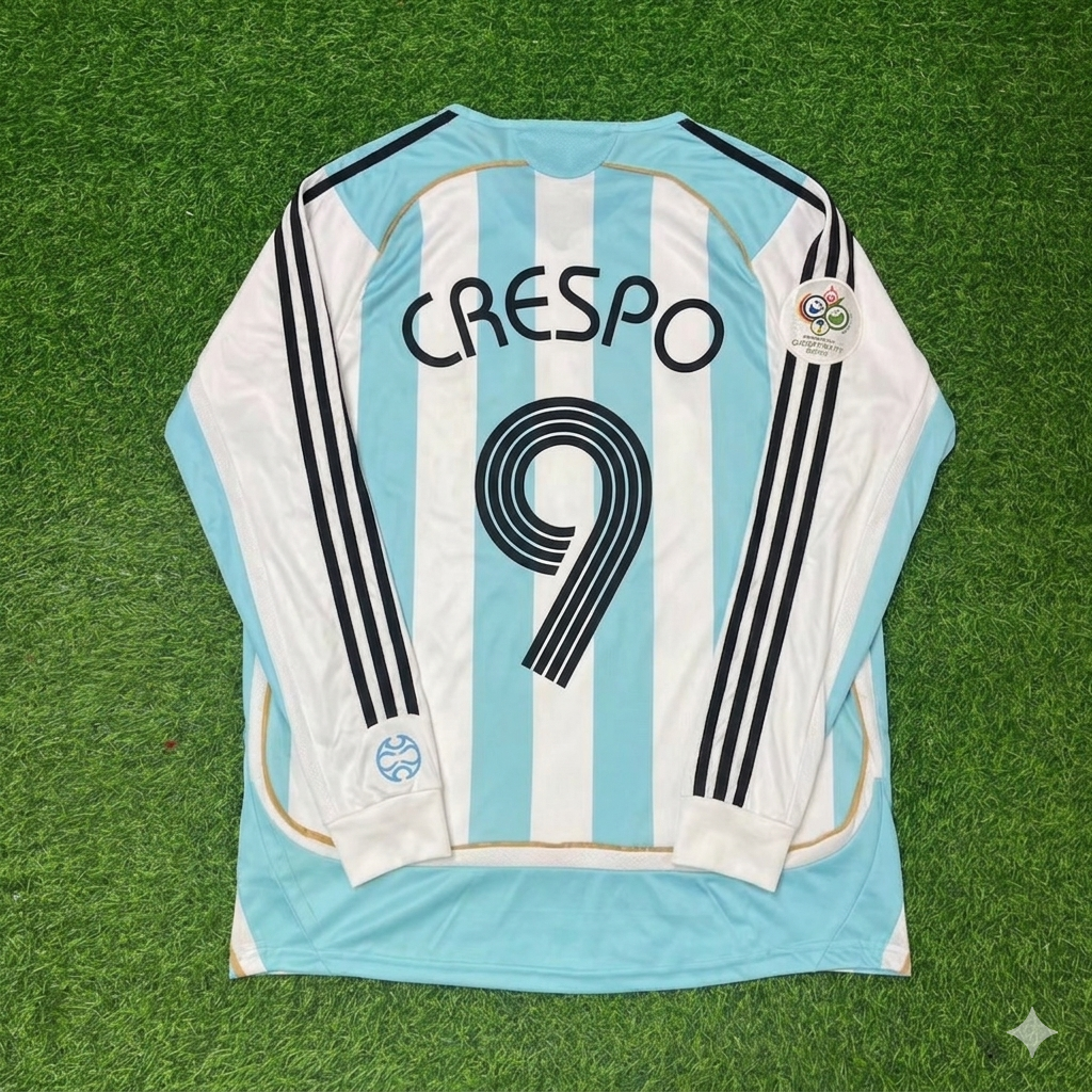 2006 Argentina World Cup Hernán Crespo #9 Retro Long Sleeve Football Jersey – Back View