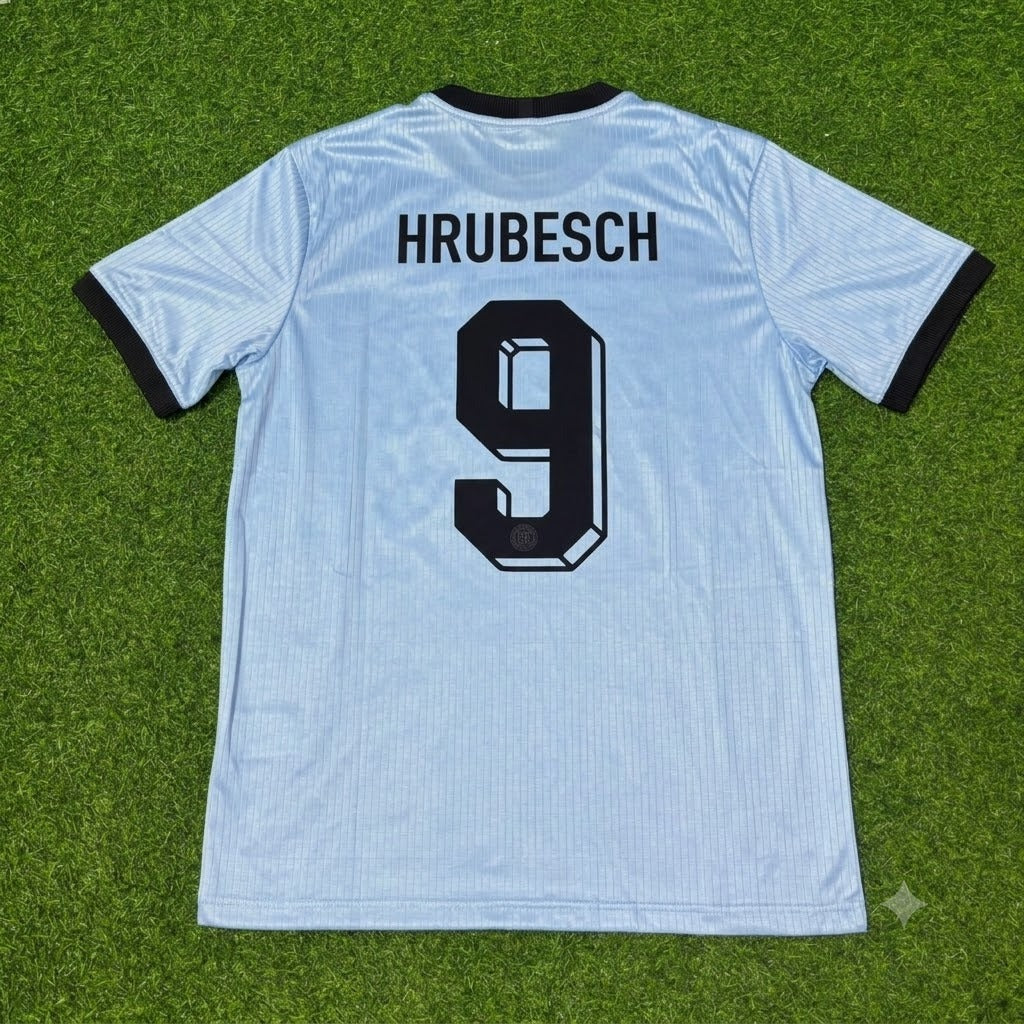 Horst Hrubesch Germany 125th Year Special Clear Blue Retro Football Jersey – Back View