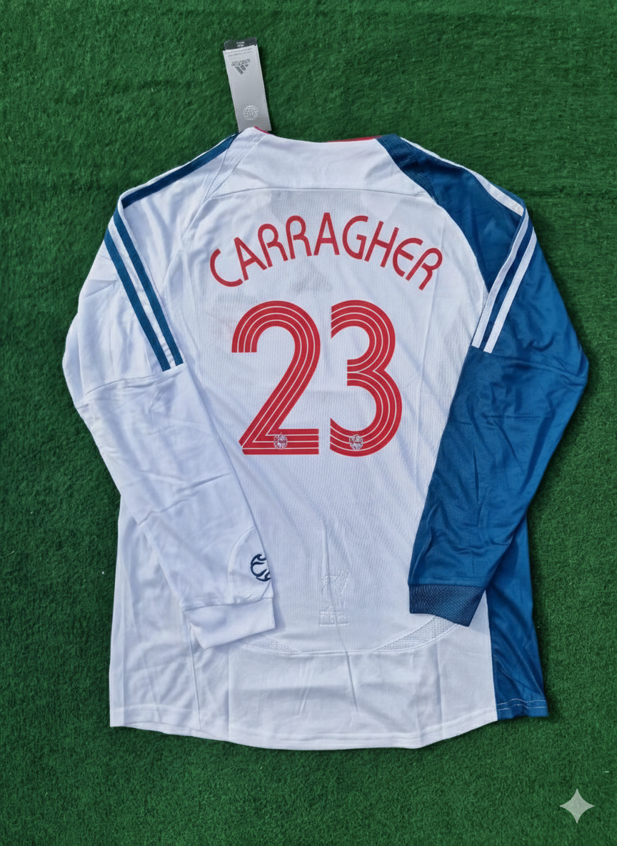 2007 Jamie Carragher Liverpool White Blue Long Sleeve Retro Football Jersey – Back View