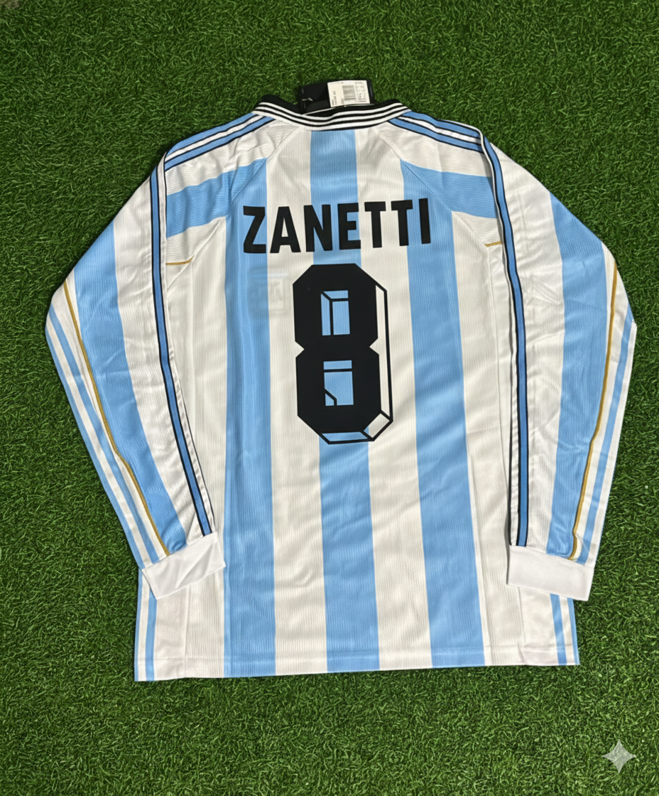 Argentina 1998 World Cup White Long Sleeve Retro Football Jersey – Javier Zanetti – Back View