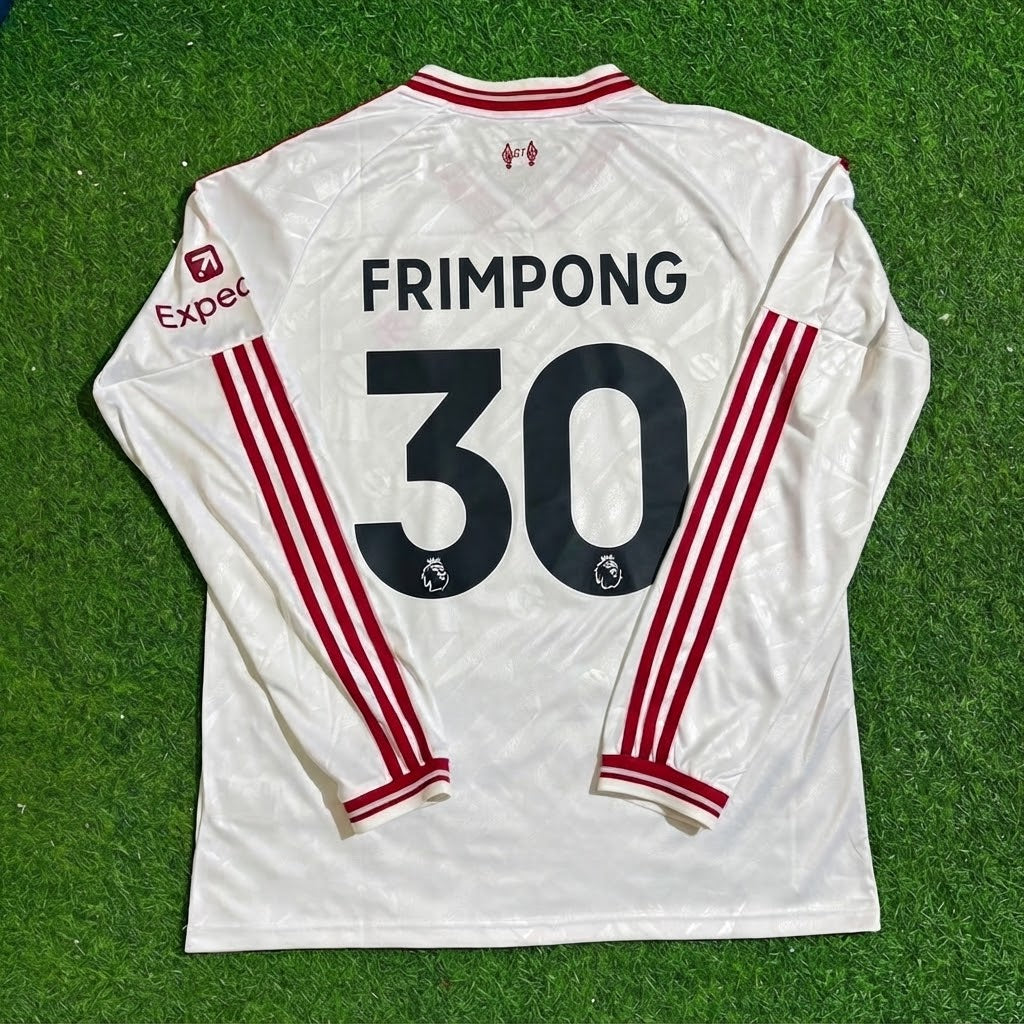 Jeremy Frimpong #30 Liverpool 2027 New Season Long Sleeve Away White Football Jersey – Back View