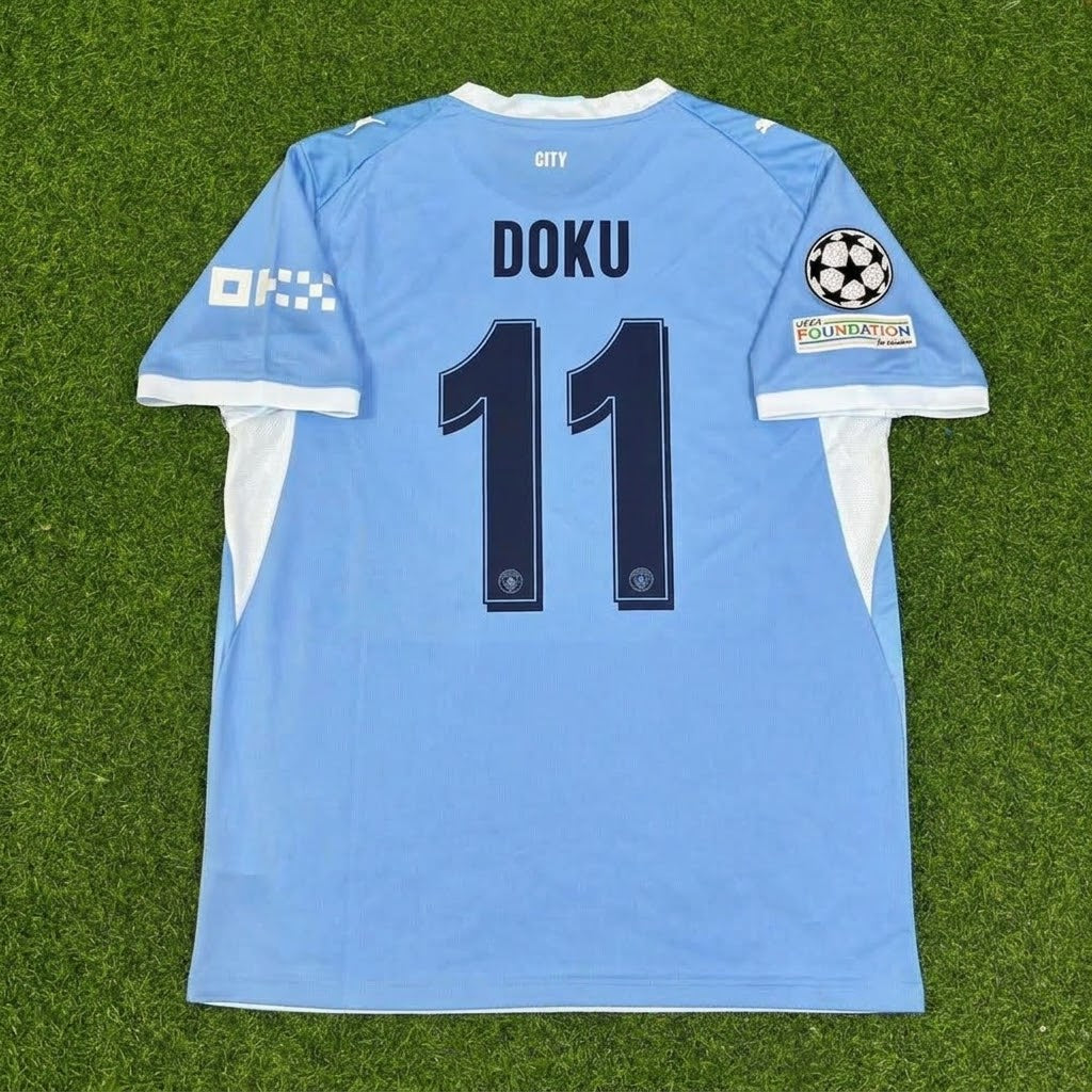 Jeremy Doku #11 Manchester City 2026-27 Home New Season Champions League Patch Jersey – Back View