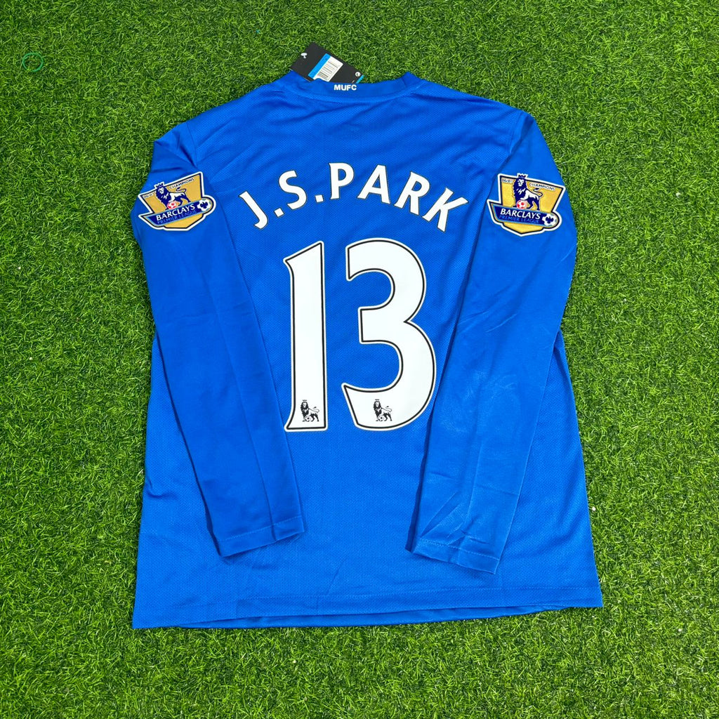 2008 Ji-sung Park Manchester United Blue EPL Patch Retro Long Sleeve Football Jersey – Back View