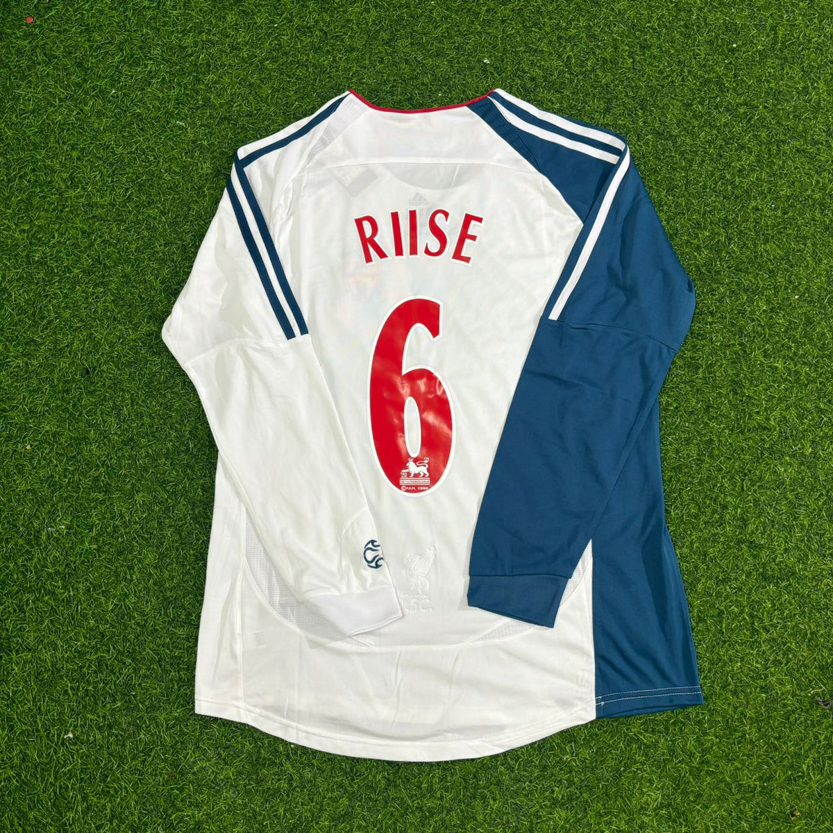 2007 John Arne Riise Liverpool White Blue Long Sleeve Retro Football Jersey – Back View