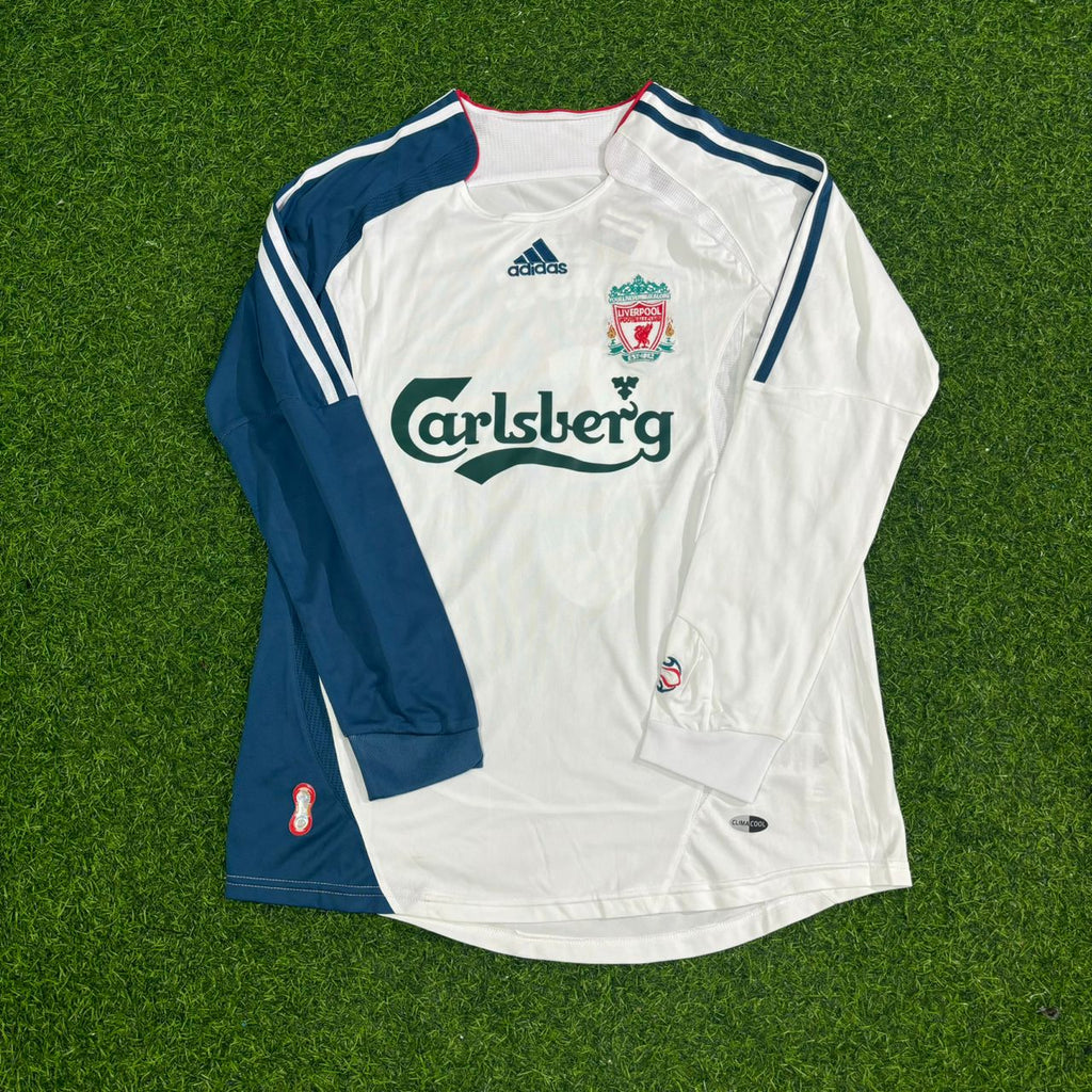 2007 John Arne Riise Liverpool White Blue Long Sleeve Retro Football Jersey – Front View