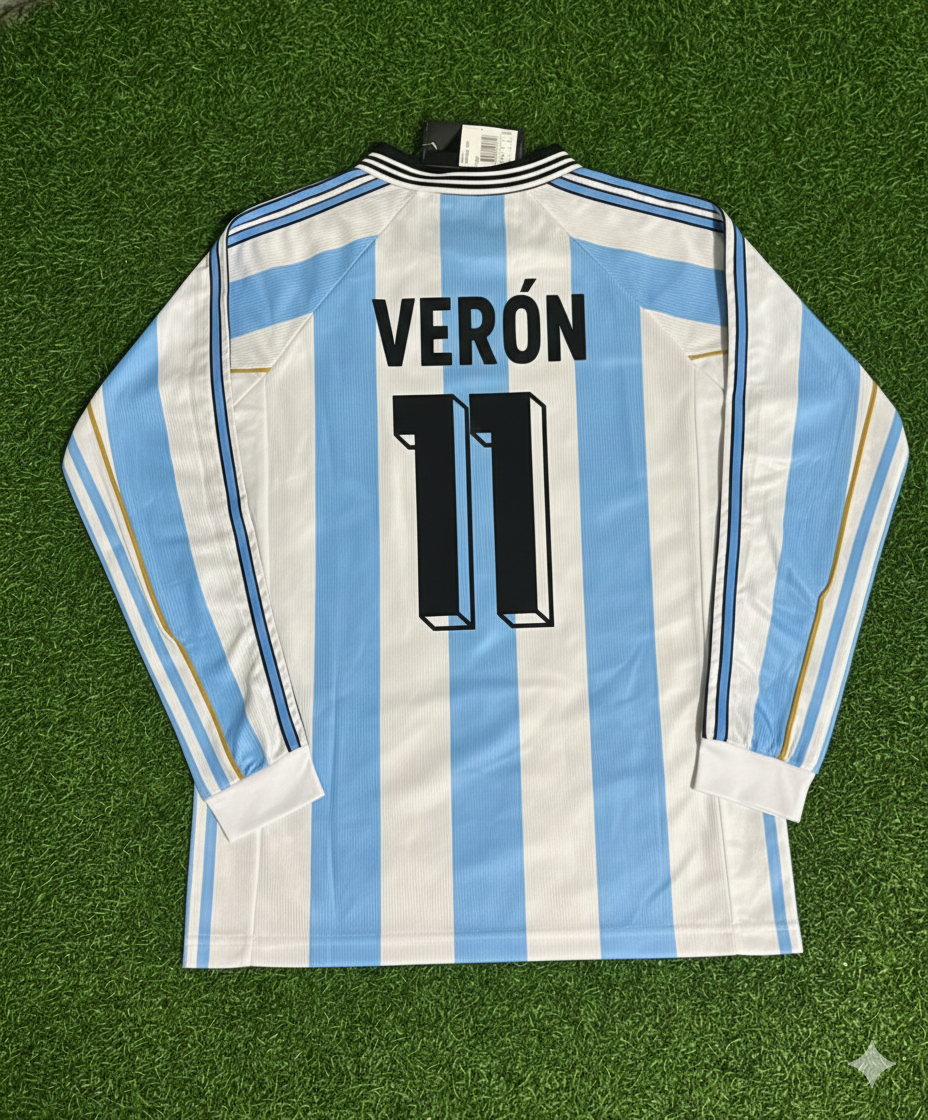 Argentina 1998 World Cup White Long Sleeve Retro Football Jersey – Juan Sebastian Veron – Back View