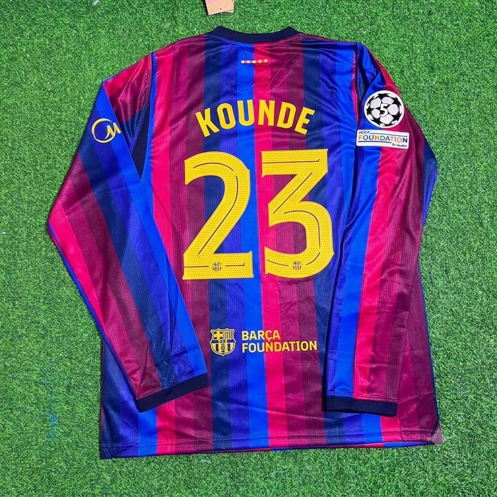 Jules Kounde #23 Barcelona 2027 New Season Champions League Patch Home Long Sleeve Jersey – Back View