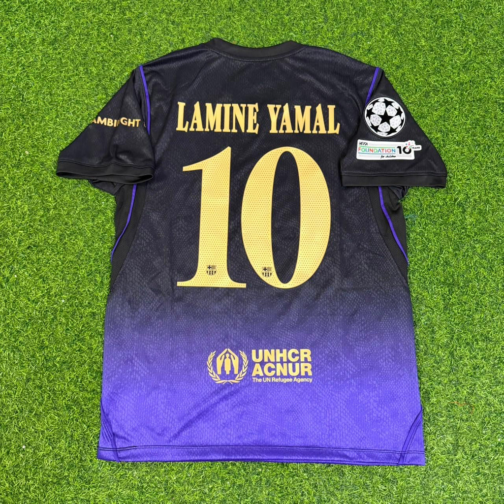 2027 Lamine Yamal #10 Barcelona Champions League Patch Away Football Jersey – Back View