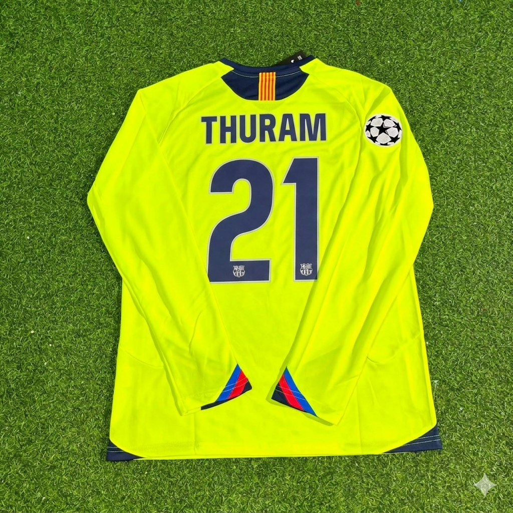 Lilian Thuram Barcelona 2005-2006 Yellow Green Retro Long Sleeve Football Jersey – Back View