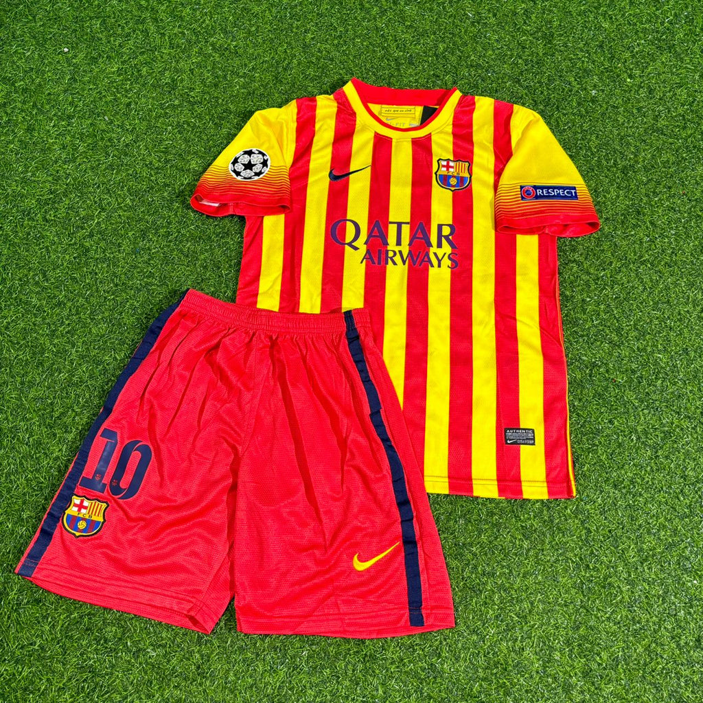 Lionel Messi #10 Barcelona 2013-2014 Kids Yellow Red Retro Football Jersey – Front View