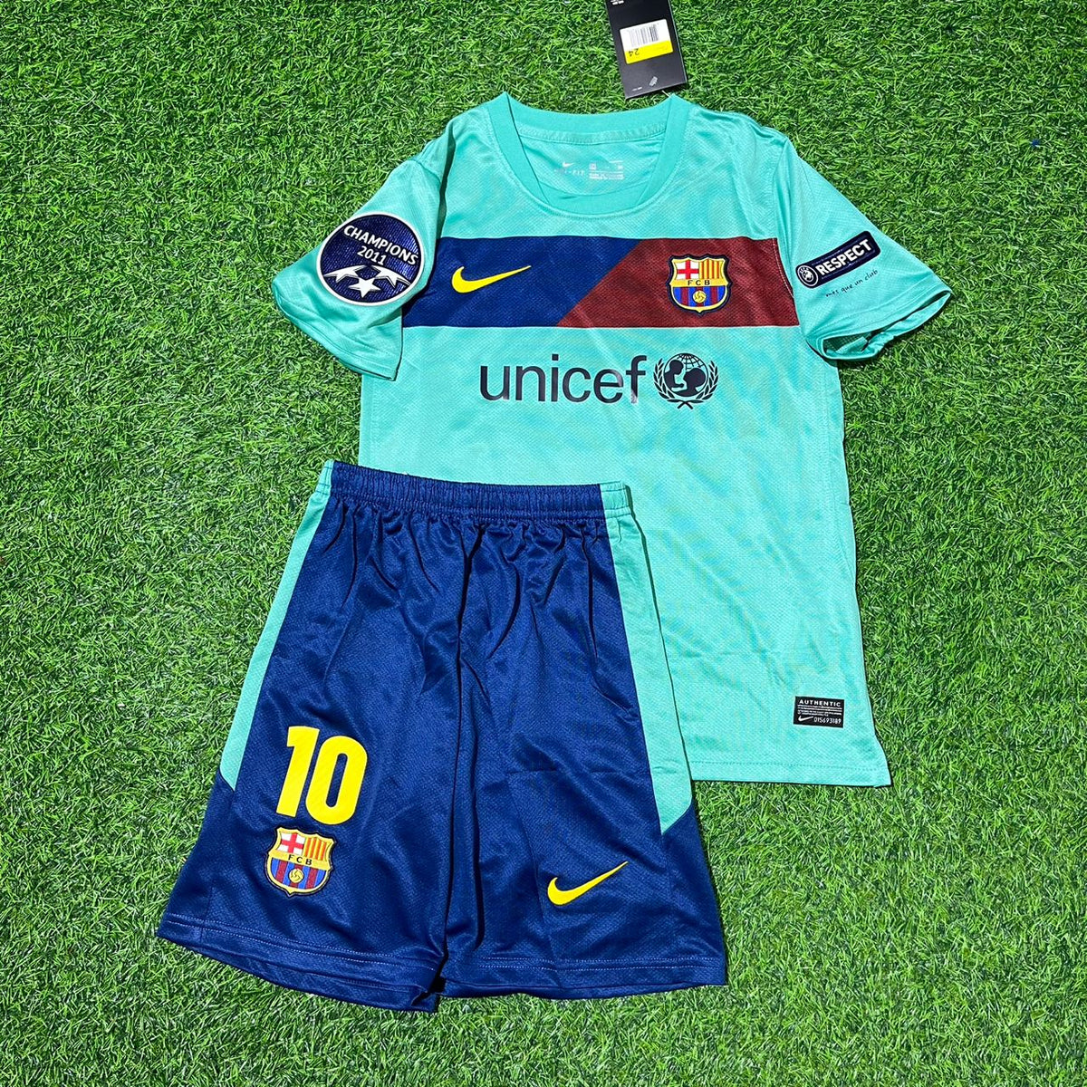 Lionel Messi Barcelona 2011/12 Blue Red Home Retro Kids Football Jersey – Front View