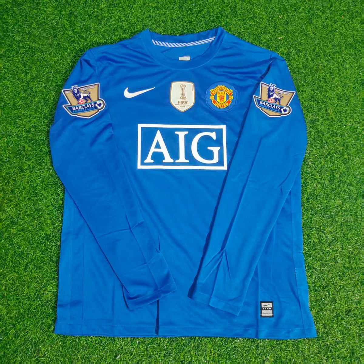 2008 Luis Nani Manchester United Blue EPL Patch Retro Long Sleeve Football Jersey – Front View