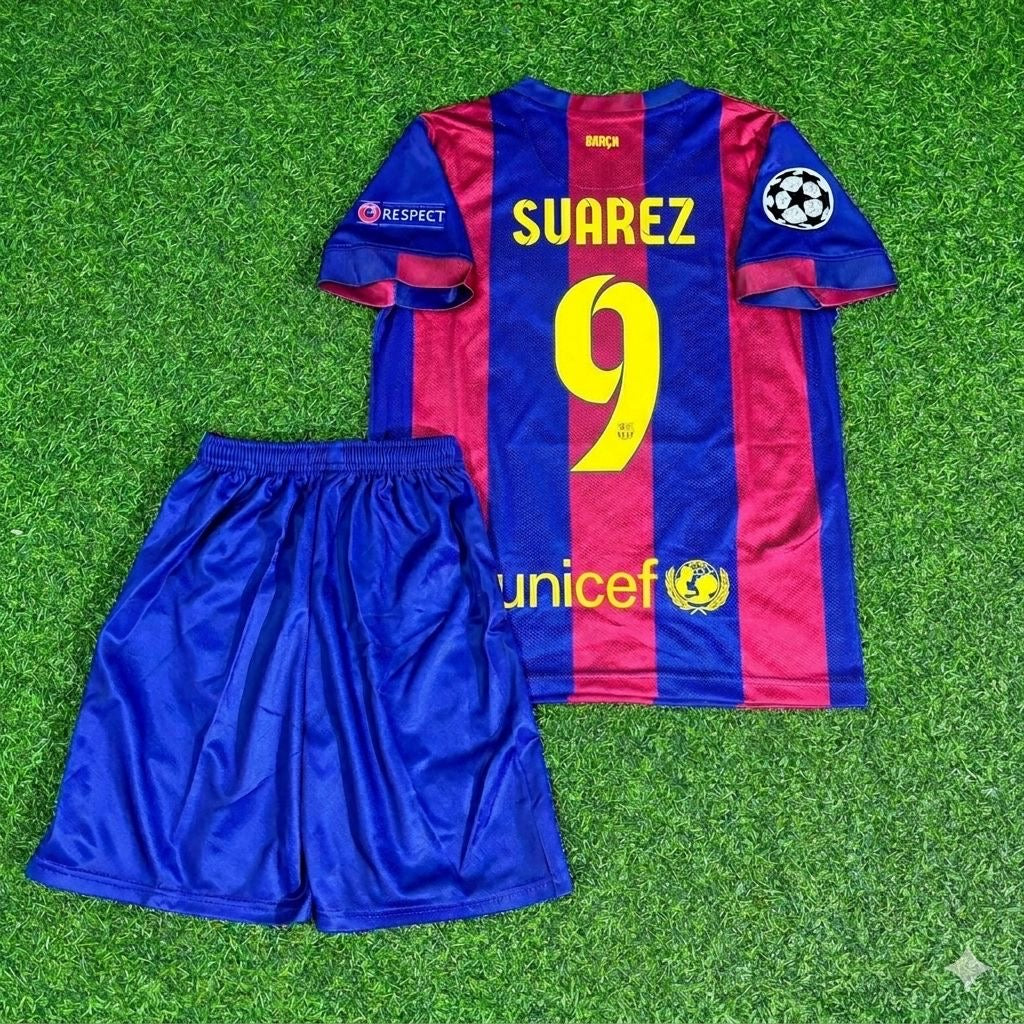 2015 Luis Suárez #9 Barcelona Champions League Final Kids Retro Football Jersey – Back View