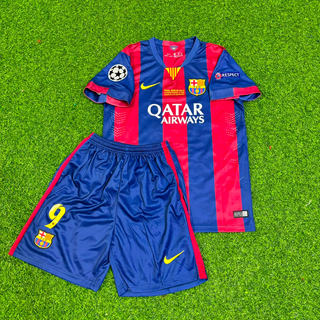 Barcelona 2015 Champions League Final Kids Retro Jersey – Luis Suárez #9 – Front View