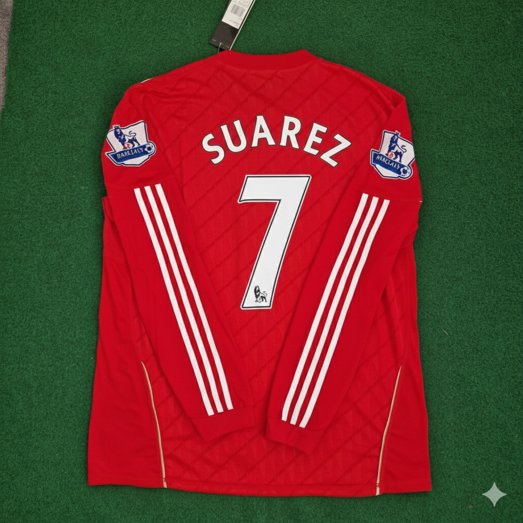 Liverpool 2010 2012 Season Long Sleeves Red Retro Jersey – Luis Suarez – Back View