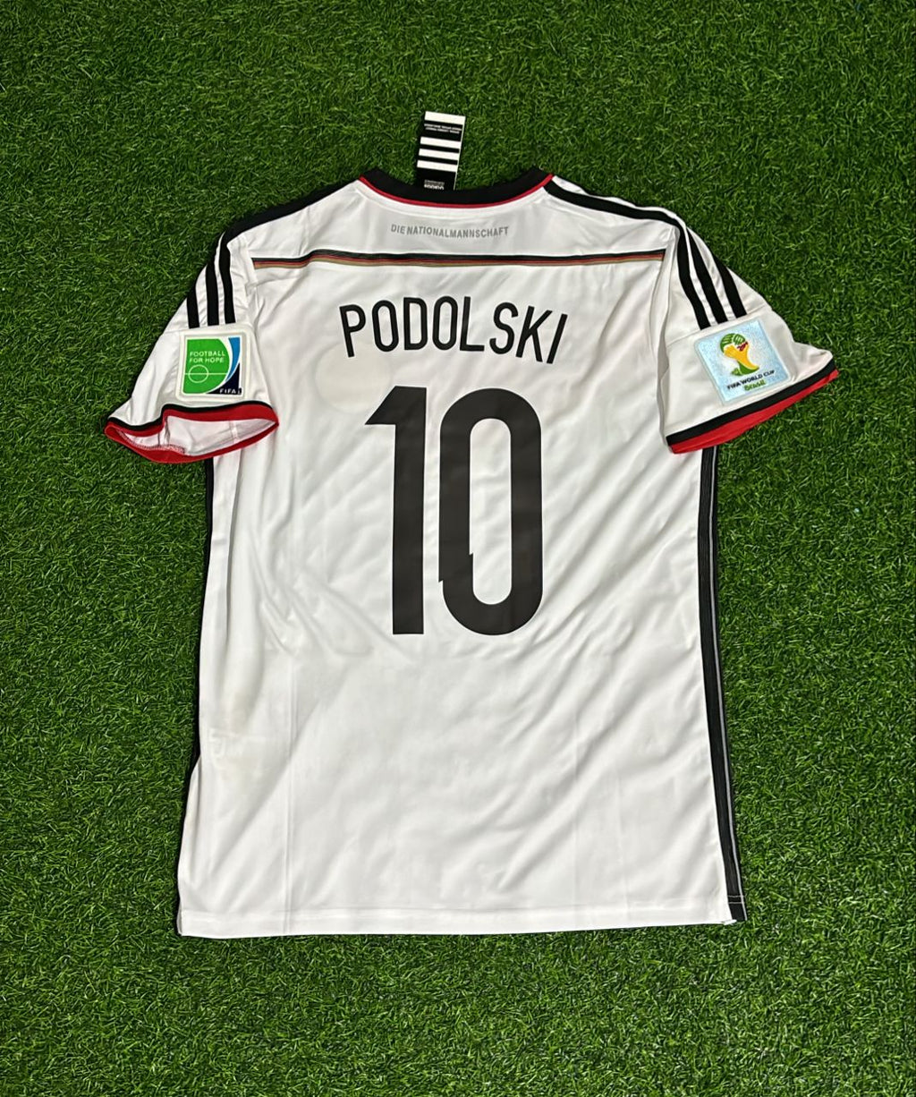 2014 Germany World Cup Lukas Podolski - Deutschland White Retro Football Jersey – Back View