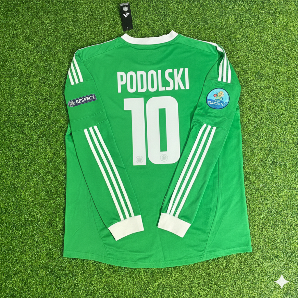 2012 Germany EURO Lukas Podolski Long Sleeve Green Retro Football Jersey – Back View