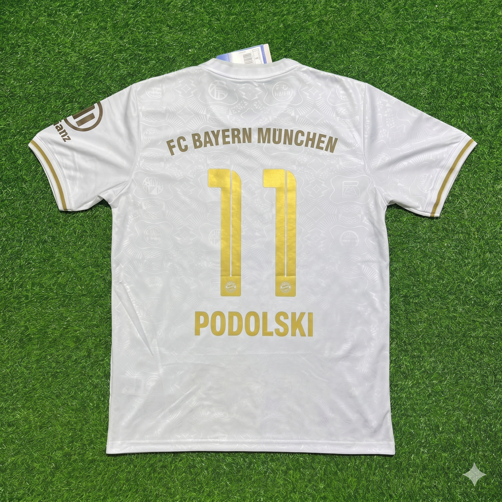 Lukas Podolski #11 FC Bayern München 125 Years Anniversary Special-Edition White Football Jersey – Back View