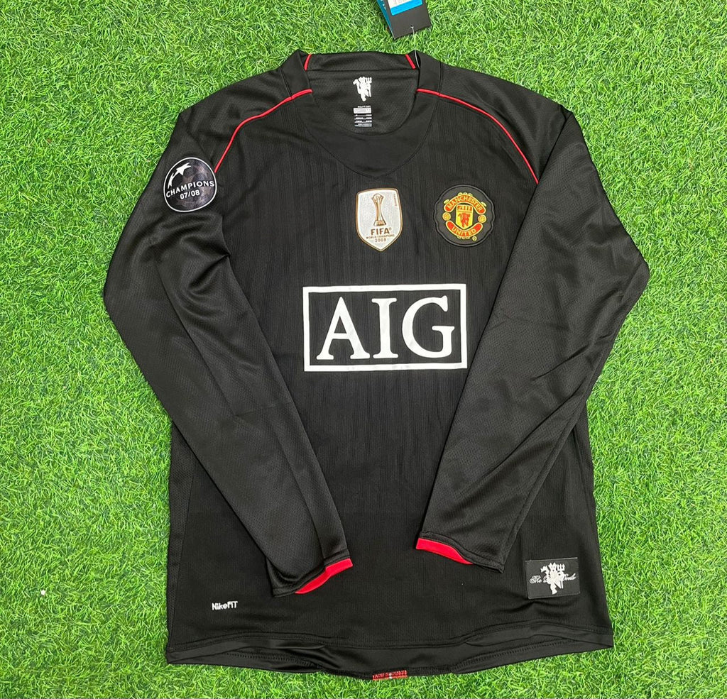 Manchester United 2007/2008 Champions League Patch Black Retro Football Jersey – Back View