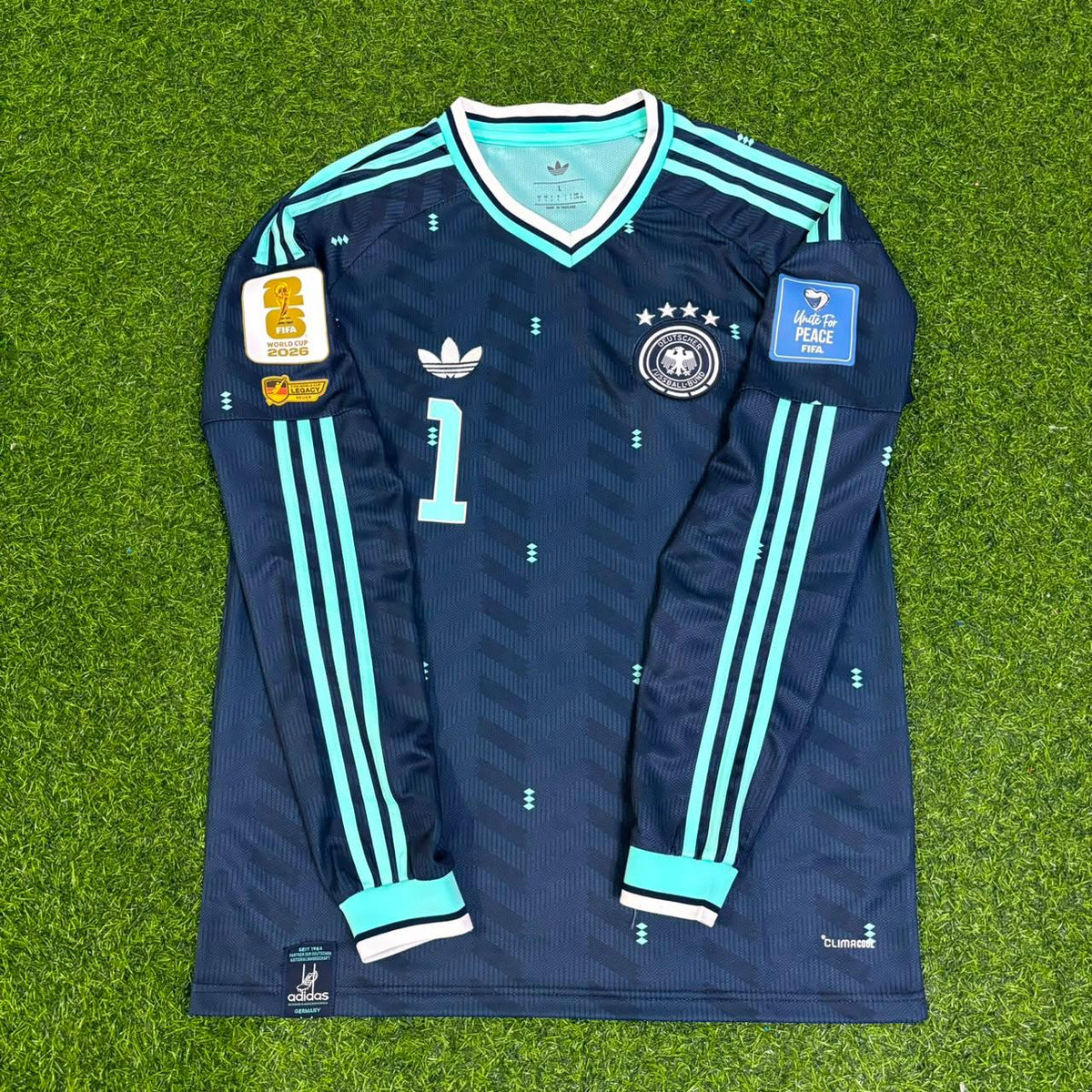 Manuel Neuer Germany 2026 World Cup Goalkeeper Special Legacy Patch Long Sleeve Football Jersey – Front View