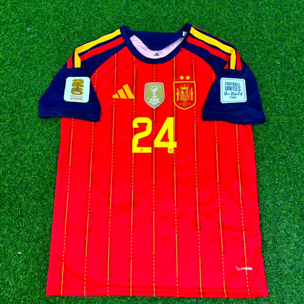 Marc Cucurella #24 Spain 2026 World Cup 2 stars Home Football Jersey – Front View