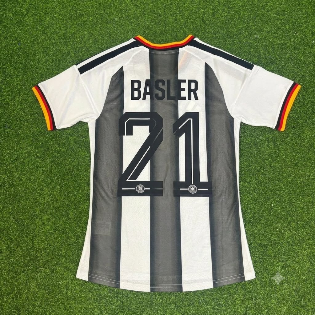 Mario Basler Germany Stripe Special Edition Black White Jersey – Back View