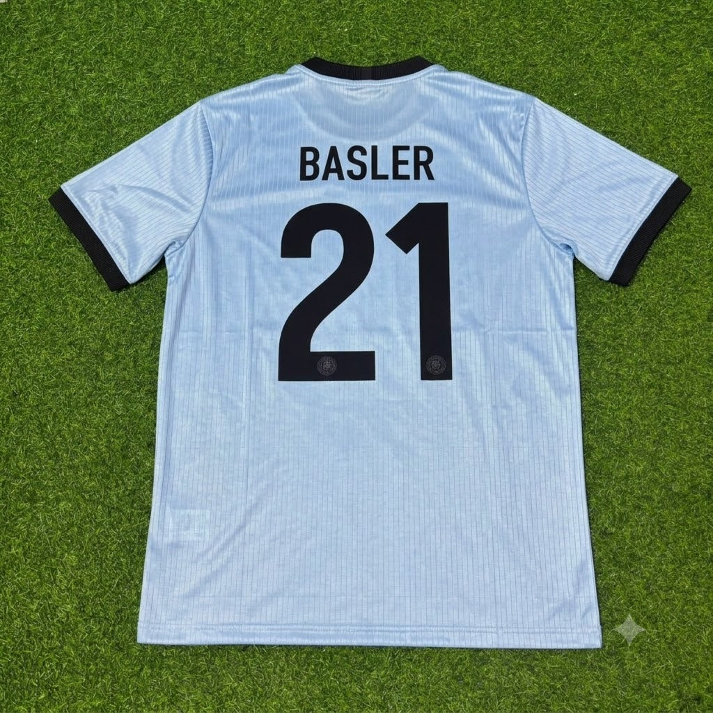 Mario Basler Germany 125th Year Special Clear Blue Retro Football Jersey – Back View