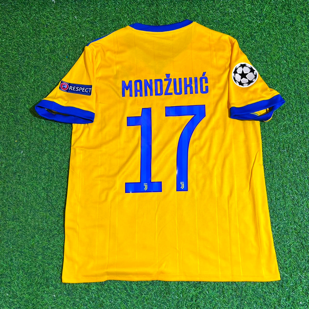 Mario Mandzukic Juventus 2017-2018 Yellow Retro Football Jersey – Back View