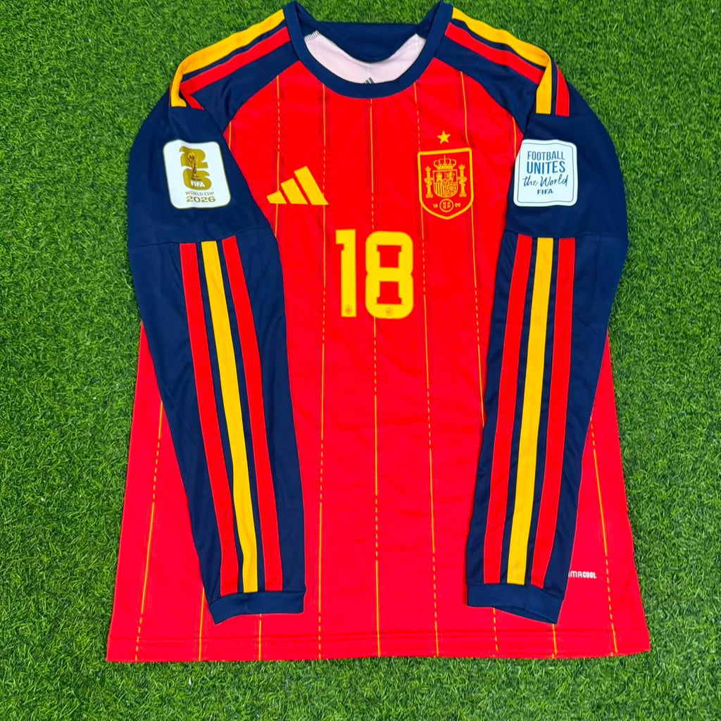 Martin Zubimendi #18 Spain 2026 World Cup Home Long Sleeve Jersey – Front View