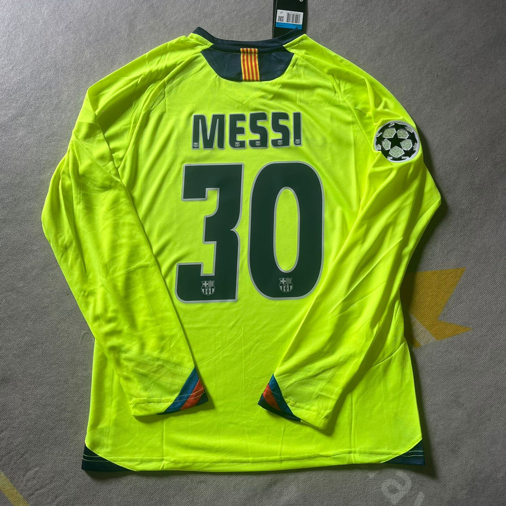 Lionel Messi Barcelona 2005-06 Season Yellow Green Retro Long Sleeve Jersey – Back View