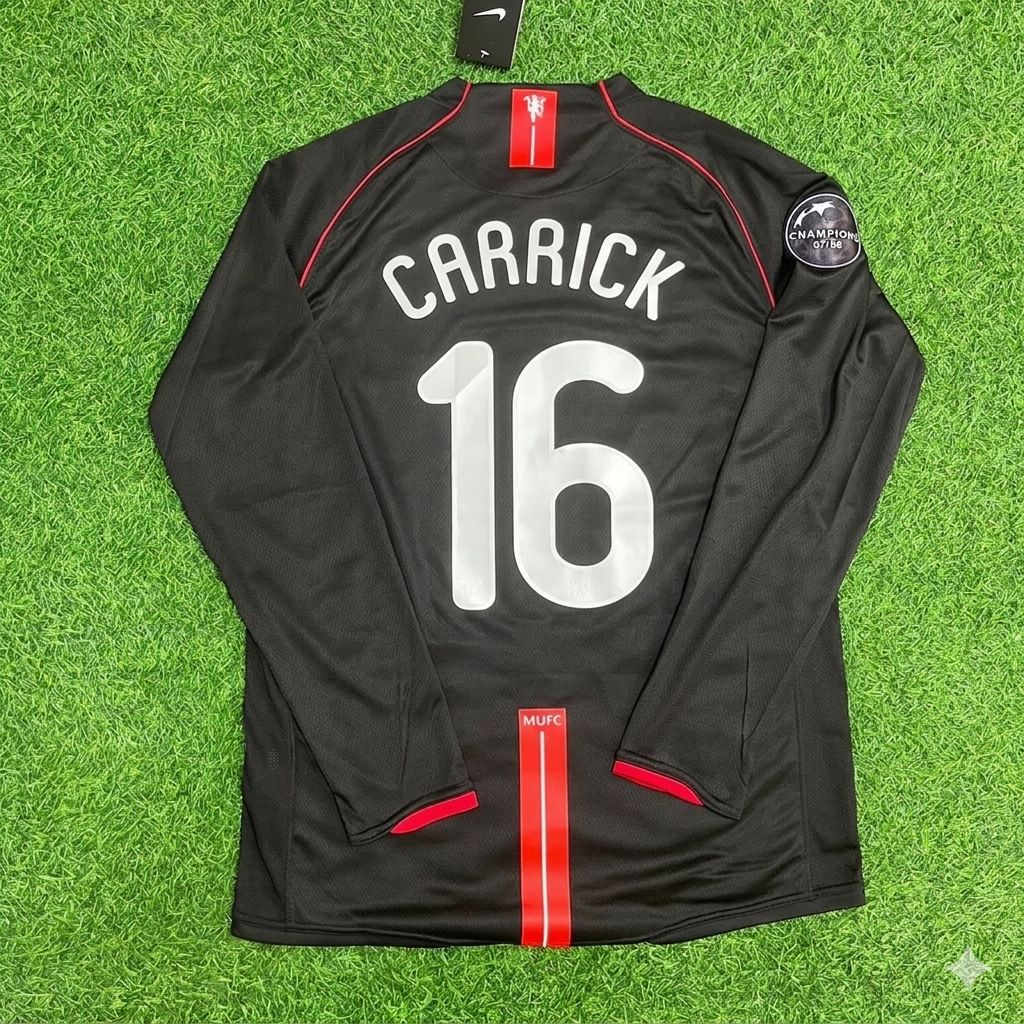 2007/08 Michael Carrick Manchester United Champions League Patch Black Retro Football Jersey Collection – Back View
