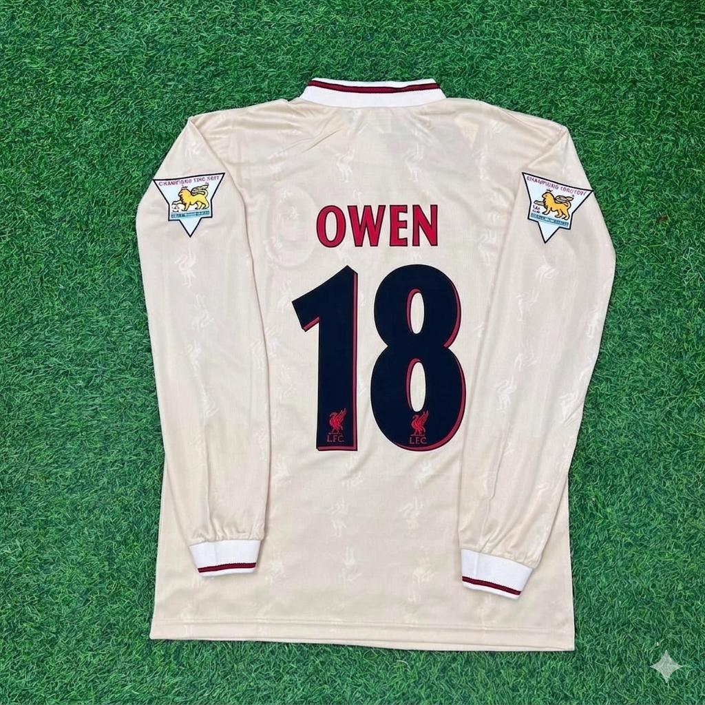 1996 Michael Owen Liverpool 1997 Retro Away White Long Sleeve Football Jersey – Back View