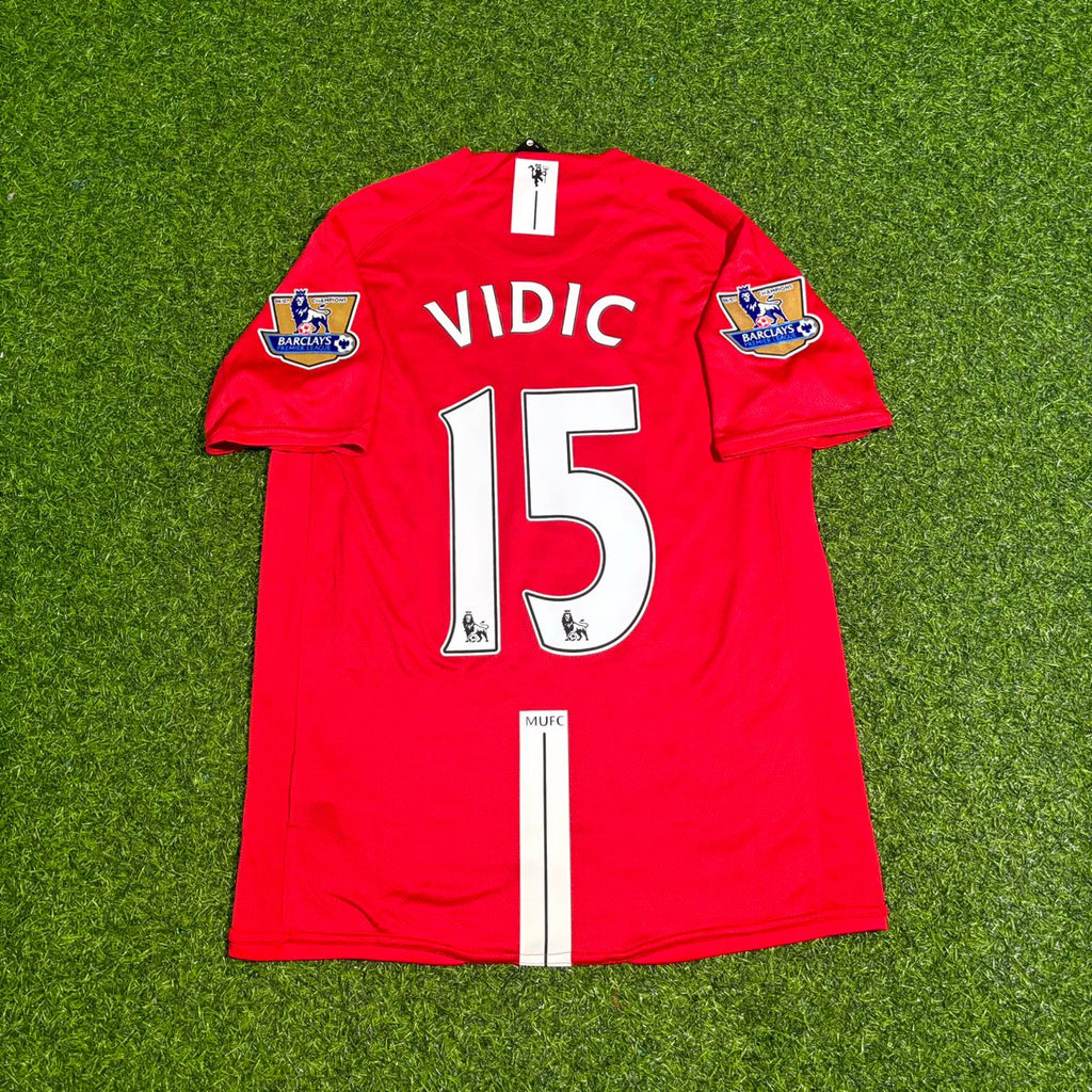 2007 Nemanja Vidic Manchester United 2008 EPL Retro Red Football Jersey – Back View