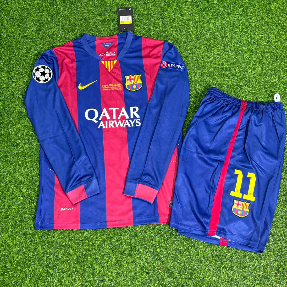 Barcelona 2015 Champions League Final Long Sleeve Kids Retro Football Jersey – Neymar Jr – Front View