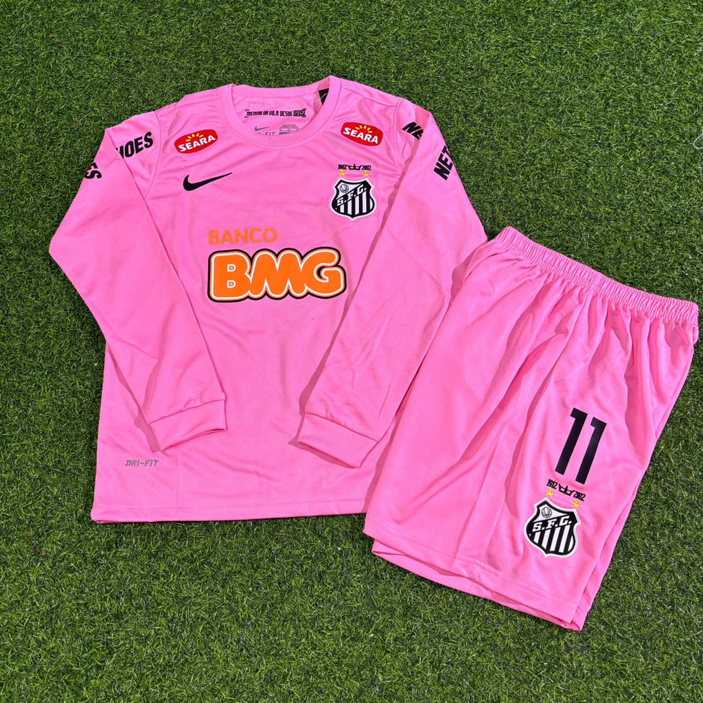 Neymar Jr Santos Kids Pink Long Sleeve Retro Football Jersey – Front View