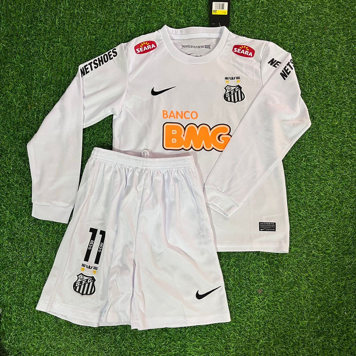Neymar Jr Santos FC 2013 White Long Sleeve Kids Retro Football Jersey Set – 4