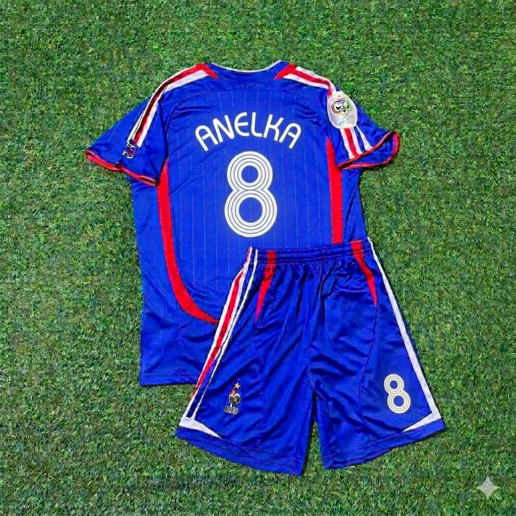 2006 France World Cup Nicolas Anelka #8 Kids Blue Retro Football Jersey – Back View