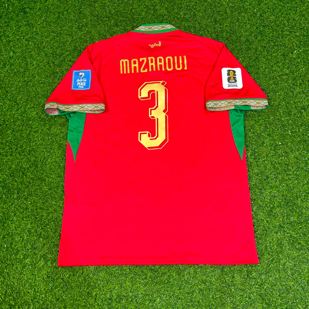 Noussair Mazraoui Morocco 2026 World Cup Home Red Football Jersey – Back View