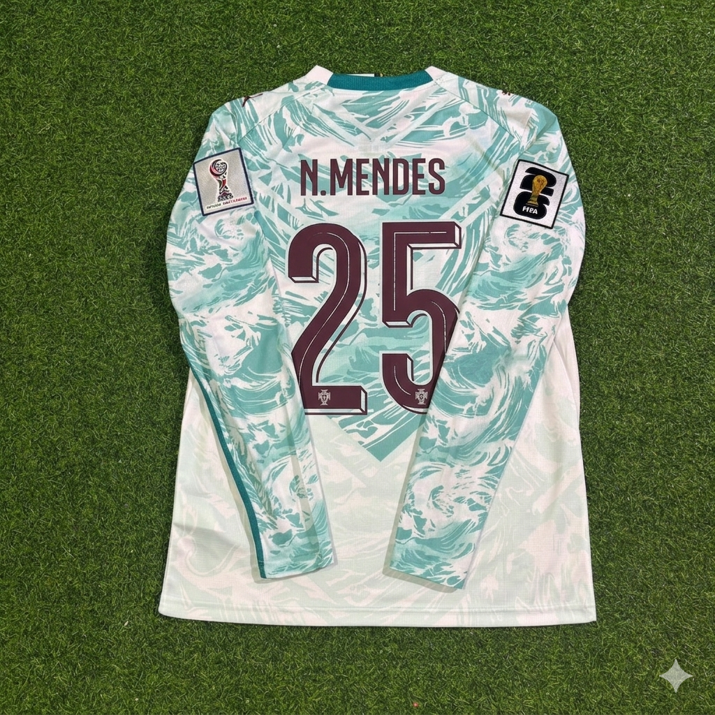 Nuno Mendes #25 Portugal 2026 World Cup Away Long Sleeve Football Jersey – Back View