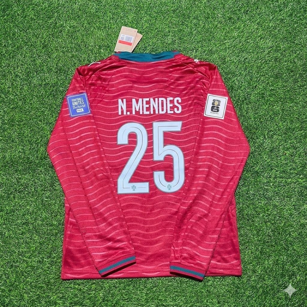 Nuno Mendes Portugal 2026 Red Home New Season Long Sleeve Football Jersey – Back View