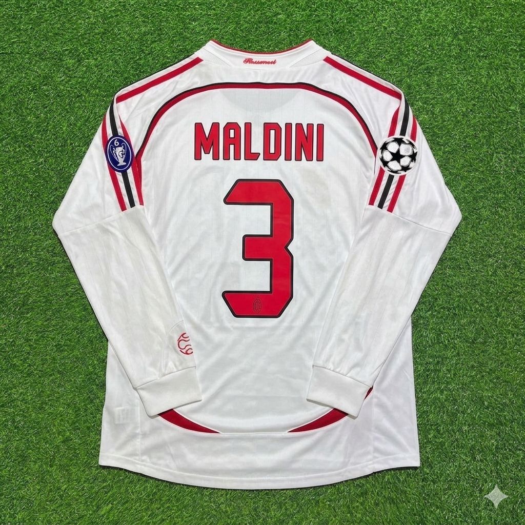 2007 Paolo Maldini #3 AC Milan Champions League Final Away White Long Sleeve Retro Football Jersey – Back View