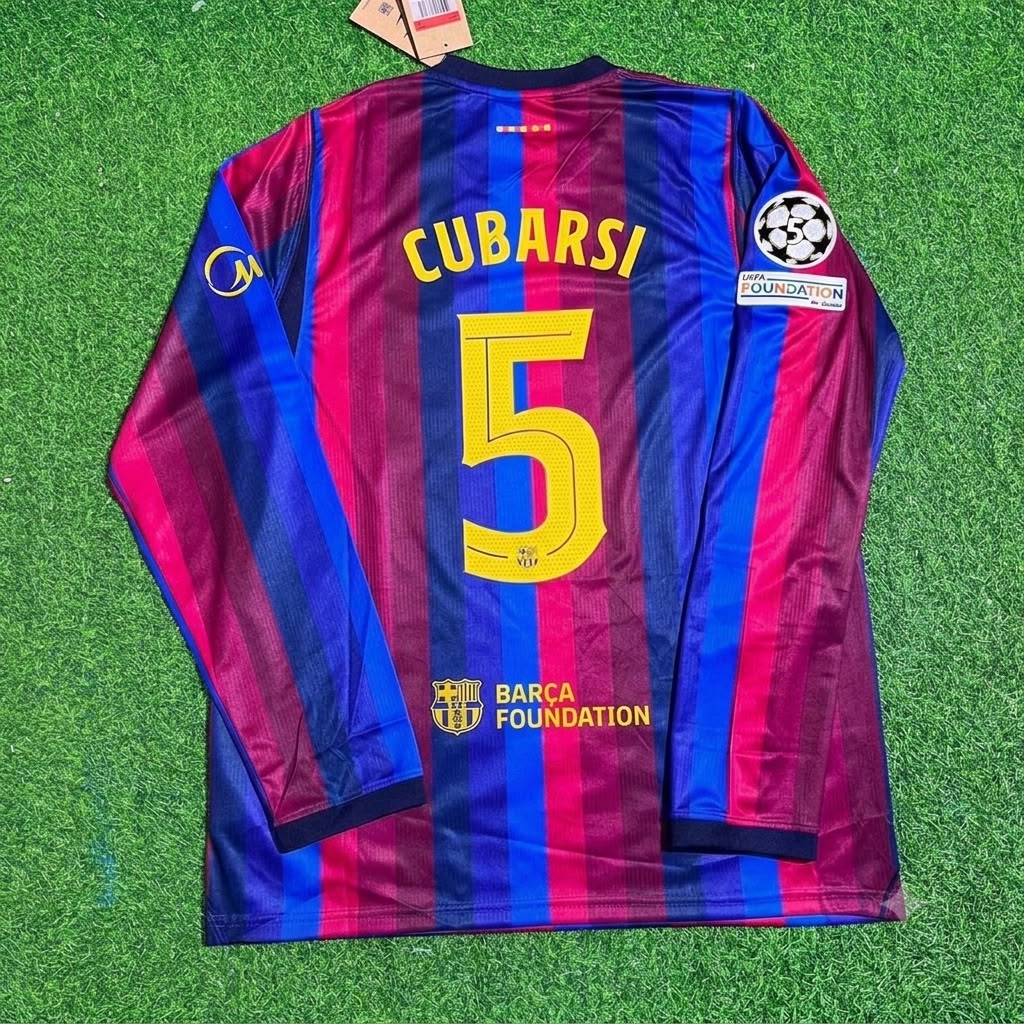 Pau Cubarsi #5 Barcelona 2027 New Season Champions League Patch Home Long Sleeve Jersey – Back View