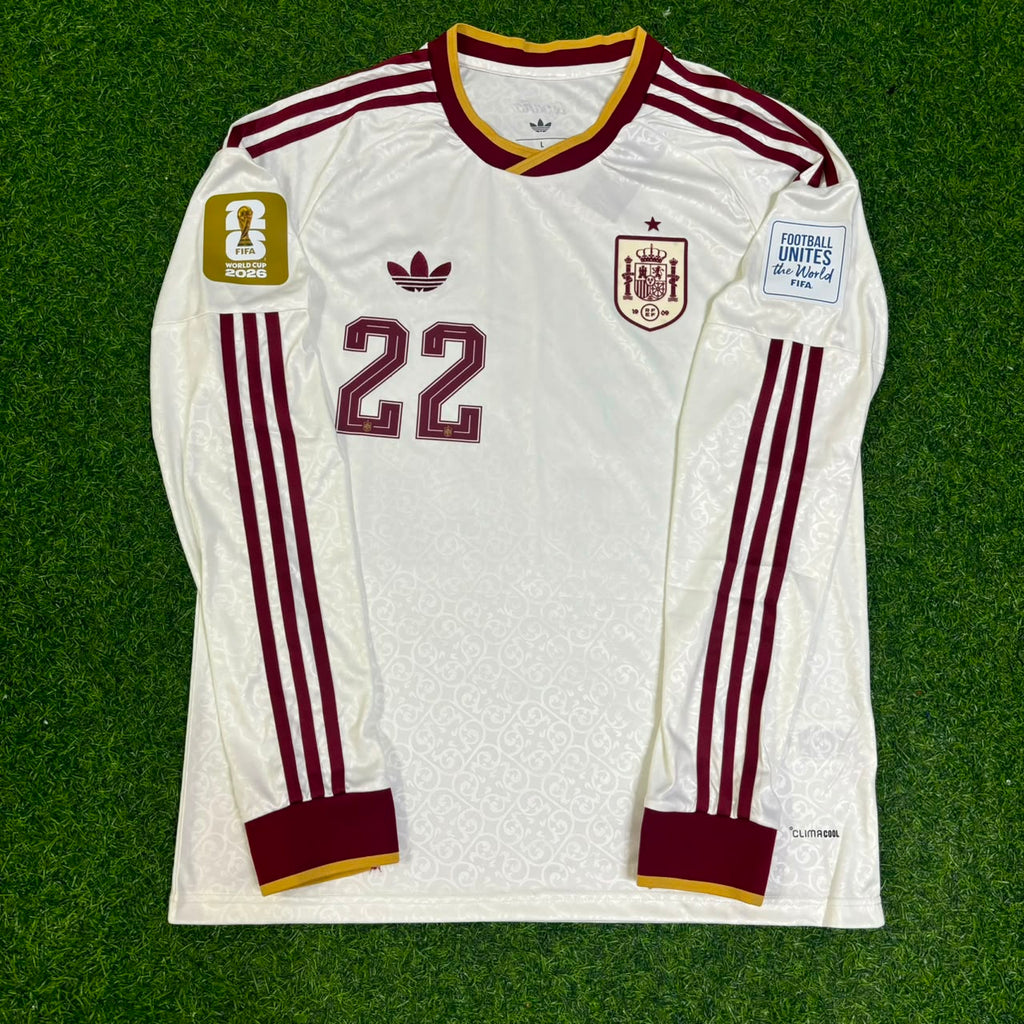 Pau Cubarsí #22 Spain 2026 World Cup Away Long Sleeve Jersey – Front View