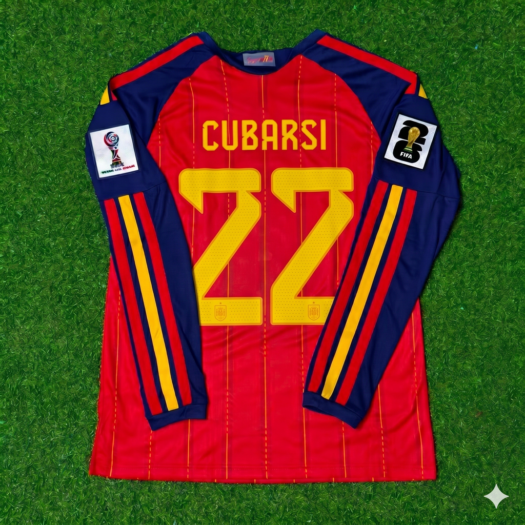 Pau Cubarsi #22 Spain 2026 World Cup Home Long Sleeve Jersey – Back View