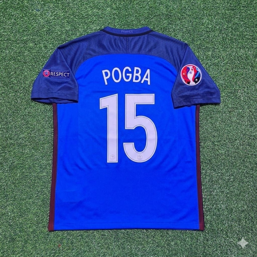 France Euro 2016 Home Retro Football Jersey – Paul Pogba #15 – Back View