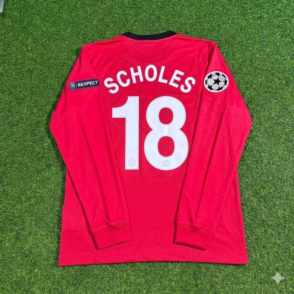 Paul Scholes #18 Manchester United 2009-2010 Retro Long Sleeve Football Jersey – Back View