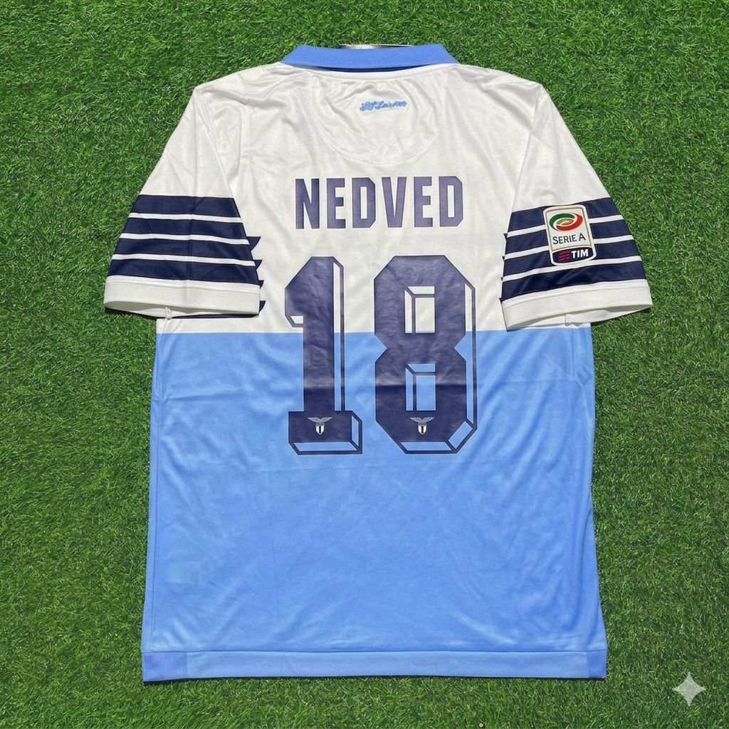 Pavel Nedvěd #18 Lazio White Blue Retro Home Football Jersey – Back View