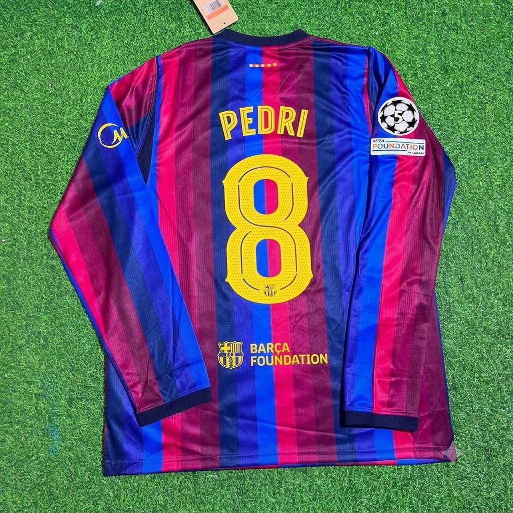 Pedri #8 Barcelona 2027 New Season Champions League Patch Home Long Sleeve Jersey – Back View