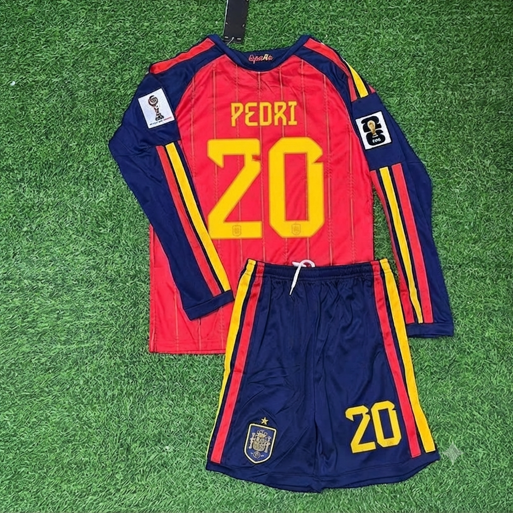2026 Spain World Cup Pedri Kids Home Long Sleeve Football Jersey – Back View