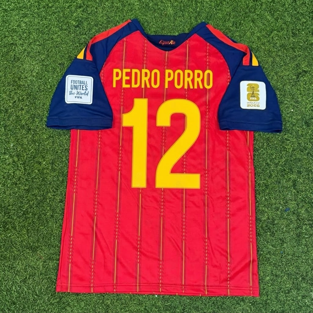 Pedro Porro #12 Spain Two Star 2026 World Cup Champions Home Jersey – Back View